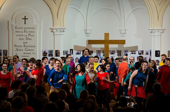 photo of a choir singing in a church