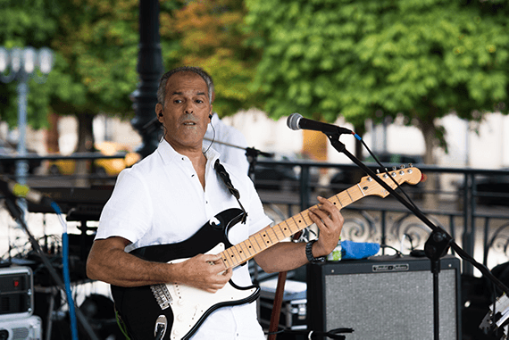 portrait of man playing the guitar at a concert